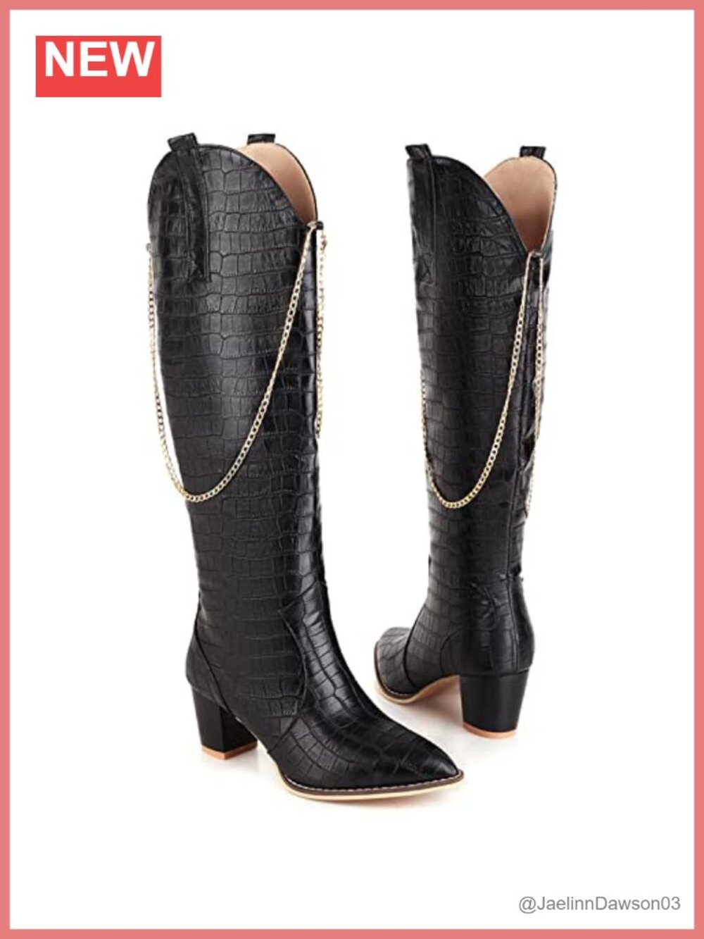 LEHOOR Wide Calf Cowboy Boots Knee High Chunky Heel Pointed Toe Crocodile